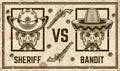 Sheriff in cowboy hat versus mexican bandit in sombrero hat vector confrontation horizontal poster in vintage style