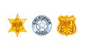 Sheriff Stars And Shield Badges Set, Western Ranger Sheriff Signs Cartoon Vector Illustration