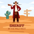 Sheriff in Wild West banner with vintage police man, flat vector illustration.