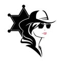 Sheriff woman with star badge silhouette wearing sunglasses and cowboy hat vector head portrait Royalty Free Stock Photo