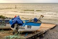 SHERINGHAM, UNITED KINGDOM - Sep 07, 2020: Fishing boats on Sheringham beach