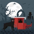 Sherlock Baskervilles dog hound result, vector illustration. Terrible big dog standing by keb, its owner criminal man in