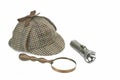 Sherlock Holmes Cap, Vintage Magnifying Glass And Retro Flashlig