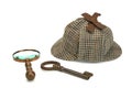 Sherlock Holmes Deerstalker Cap, Vintage Magnifying Glass And Ol