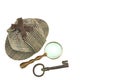 Sherlock Holmes Deerstalker Cap, Vintage Magnifying Glass And Ol