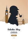 Sherlock Holmes poster. Detective illustration. Illustration with Sherlock Holmes. Baker street 221B. London. Big Ban.