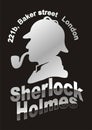 Sherlock Holmes silhouette with address, on black background.