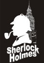 Sherlock Holmes silhouette with Big Ben tower on a black background.