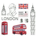 Sherlock Holmes vector, London, ilustration with Sherlock Holmes, Baker street 221B, Sherlock Holmes hat, famous London private Royalty Free Stock Photo