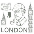 Sherlock Holmes vector, London, ilustration with Sherlock Holmes, Baker street 221B, Sherlock Holmes hat, famous London private Royalty Free Stock Photo