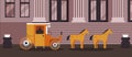 Sherlock result, horse-drawn cab vector illustration. Public transport stands near large building with columns