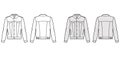 Sherpa lined denim jacket technical fashion illustration with oversized body, flap pockets, button closure, long sleeves