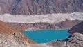 Sherpa village Gokyo located on the shore of third lake with Ngozumpa glacier in background seen from Renjo La Pass.