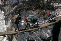 Sherpa and yaks crossing suspension bridge