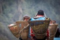 Sherpas carrying supplies to the village in the Annapurna mountain range in the Himalayas, Nepal Royalty Free Stock Photo