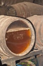 Sherry fermenting throgh a glass end front of an oak barrel