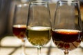 Sherry wine tasting, selection of different jerez fortified wines made from palamino, pedro ximenez and muscat white grapes, El Royalty Free Stock Photo