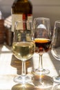 Sherry wine tasting, selection of different jerez fortified wines made from palamino, pedro ximenez and muscat white grapes, El Royalty Free Stock Photo