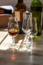 Sherry wine tasting, selection of different jerez fortified wines made from palamino, pedro ximenez and muscat white grapes, El Royalty Free Stock Photo