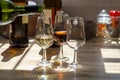 Sherry wine tasting, selection of different jerez fortified wines made from palamino, pedro ximenez and muscat white grapes, El Royalty Free Stock Photo