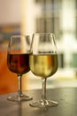 Sherry wine tasting, selection of different jerez fortified wines made from palamino, pedro ximenez and muscat white grapes, El Royalty Free Stock Photo