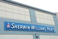 tor, canada - august 14, 2023: sherwin williams paints horizontal rectangle sign logo on back of store blue 75 p 17 Royalty Free Stock Photo