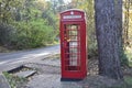 Sherwood Forest, UK - Traditional British Red Public Telephone Box in a Nottinghamshire forest Royalty Free Stock Photo