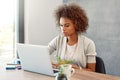 Shes in problem solving mode. a young woman working on a laptop at home.