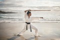 Shes a professional stick fighter. Full length shot of an attractove young female martial artist practicing karate on