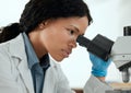 Shes ready to do the work. a young woman using a microscope in a scientific lab. Royalty Free Stock Photo