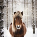 Shetland Pony Head Image With Snowy Alder Forest Background