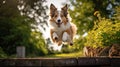 Shetland sheepdog running and jumping in the garden