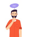 Shh man. Business secret, serious male with silence hand gesture at closed mouth. Silence please keep quiet vector Royalty Free Stock Photo