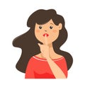 Shhh... Pretty woman keeps fingers on lips, demonstrates silence sign, has a secret isolated vector illustration