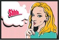 Shhh... Woman with finger on lips, silence gesture, pop art style woman