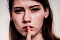 Shhhhh Woman! Finger On Lips. Silent - Silence Stock Image