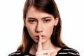 Shhhhh Woman! Finger On Lips. Silent - Silence Stock Image Royalty Free Stock Photo