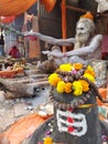 Shib lingo with flowers with a background naga sadhu smeared with holy ash