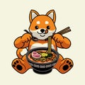 Shiba Inu Cute Dog Mascot Eat the Ramen Noodle