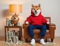 Shiba Inu Dog With Human Body Sitting On A Leather Couch, Coins And Money Around