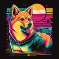 Shiba Inu Dog 80s Synthwave Detailed T-Shirt Vector Art with Vivid Colors Generative AI