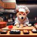 shiba inu dog wearing chefs hat and jacket