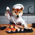 shiba inu dog wearing chefs hat and jacket