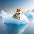 Shiba Inu on ice floe arctic landscape. illustration of cute north pole animals. Northern animal. For the design of holiday cards Royalty Free Stock Photo