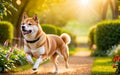 A chubby Shiba dog Inu is happily running in the garden! Royalty Free Stock Photo