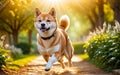 A chubby Shiba dog Inu is happily running in the garden! Royalty Free Stock Photo