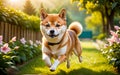 A chubby Shiba dog Inu is happily running in the garden! Royalty Free Stock Photo