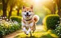 A chubby Shiba dog Inu is happily running in the garden! Royalty Free Stock Photo