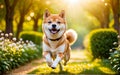 A chubby Shiba dog Inu is happily running in the garden!