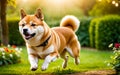 A chubby Shiba dog Inu is happily running in the garden! Royalty Free Stock Photo